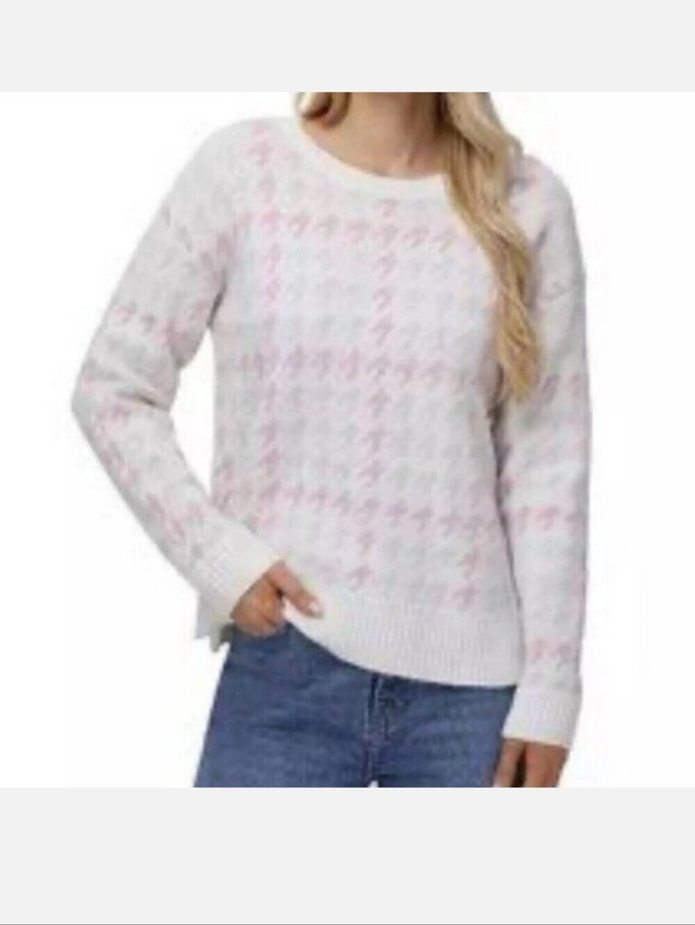Cozy Cream & Pink Houndstooth Knit Sweater